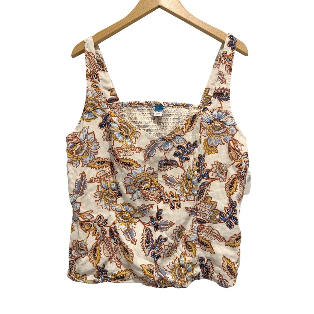 Old Navy Linen Blend Floral Smocked Womens L Tank Top Feminine Garden Party NWT